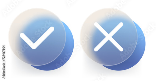 Check mark and cancel cross glassmorphism icons on isolated background. Vector illustration