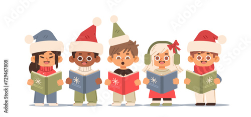 Children sing Christmas carols on isolated background. Cartoon kids in Santa hats celebrate Christmas