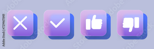 Glassmorphism icon set, check mark, cancel cross, finger up and down. Glass transparent information sign. Vector illustration