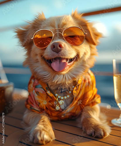 Photorealistic dog on expensive yacht in a deep ocean