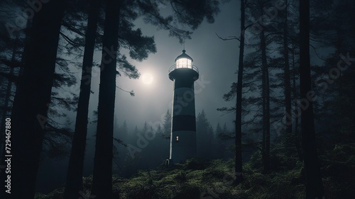 night in the park A lighthouse in a dark forest, where a werewolf is howling at the full moon.  