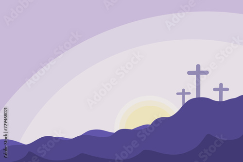 Happy Easter Sunday illustration of the cross on the mount resurrecting and celebrating the resurrection. purple watercolor background