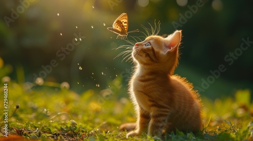 A mischievous ginger kitten batting at a butterfly.