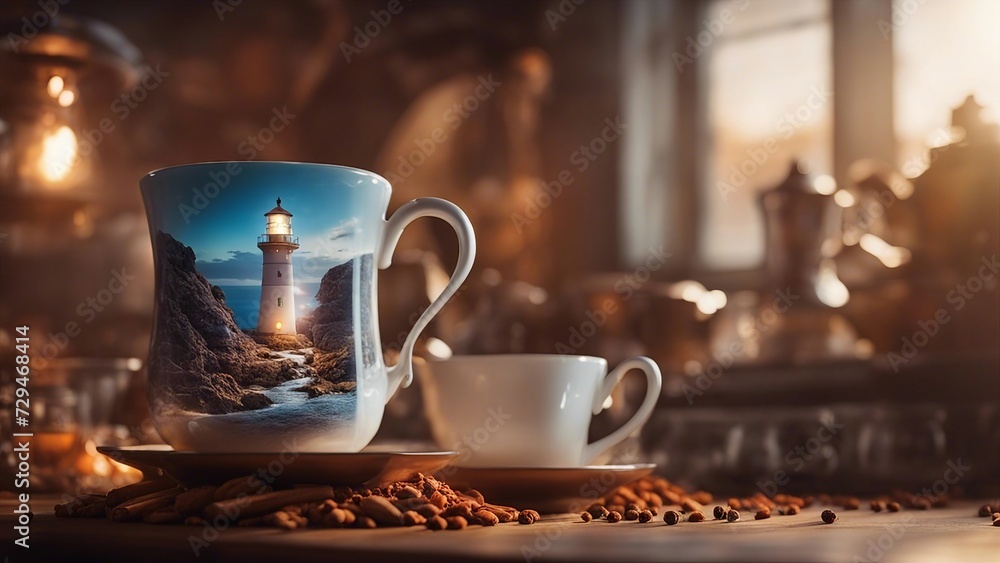 cup of coffee and beans highly detailed Old lighthouse in Andros island inside a tea cup cup of coffee and beans highly detailed Old lighthouse in Andros island inside a tea cup