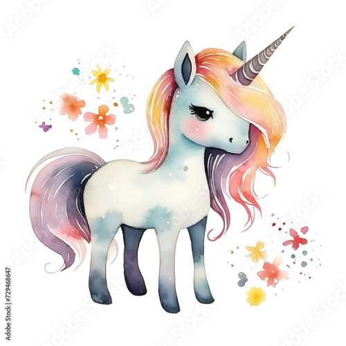 Watercolor illustration of a magical unicorn with floral accents isolated on white background.