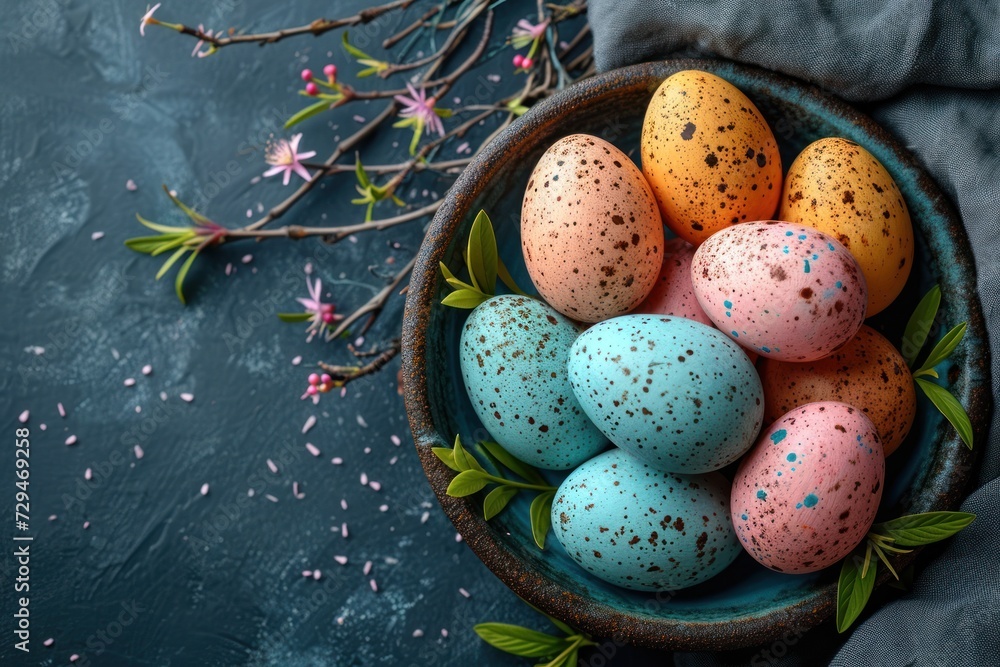 Dark blue background with painted eggs, napkin; Easter banner
