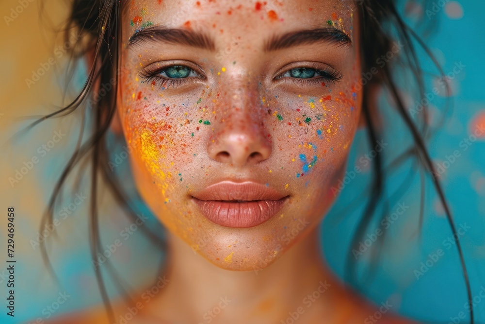 A portrait capturing a young woman rejoicing in the Holi color festival