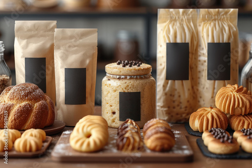 A sophisticated bakery product branding mockup, featuring a range of sweet delights photo