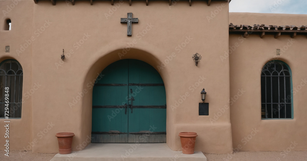 The historic San Francisco de As?s Church in Taos, New Mexico, features an adobe courtyard and a traditional wooden door, inviting visitors to explore its religious and cultural significance.