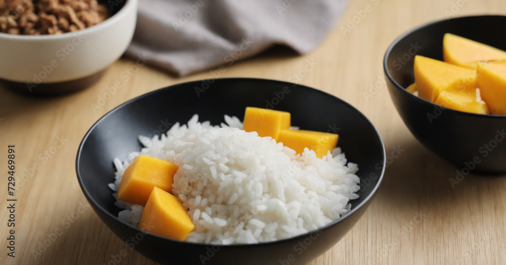 A delectable white rice and black pudding dessert, garnished with mango slices, perfect for a gourmet treat. A delectable white rice and black pudding dessert, garnished with mango slices, perfect for a gourmet treat.