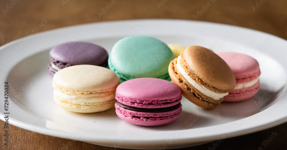 An elegant plate of vanilla macarons with gold accents stands delicately against a vintage background, perfect for weddings or special occasions. An elegant plate of vanilla macarons with gold accents stands delicately against a vintage background, perfect for weddings or special occasions.