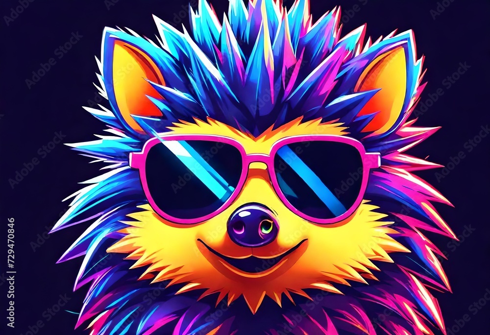 Neon hedgehog with sunglass for t shirt design, gaming logo, poster, banner