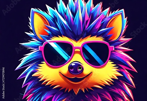 Neon hedgehog with sunglass for t shirt design, gaming logo, poster, banner