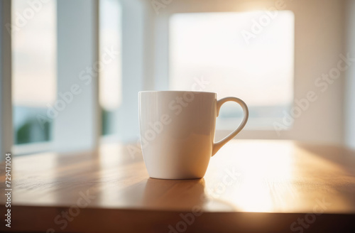 Coffee cup on wooden table in morning light