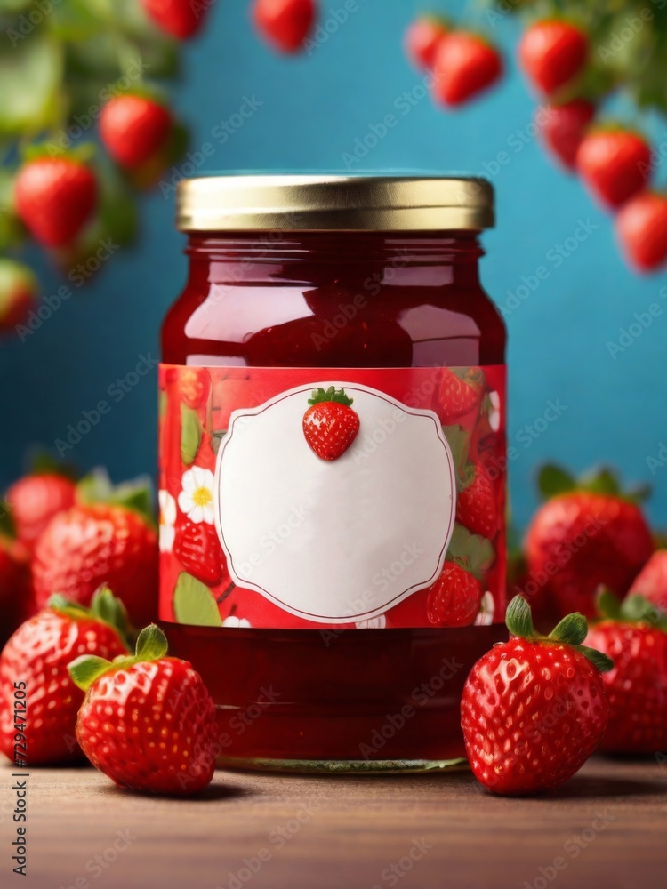 Mockup concept featuring a sweet jar of strawberry jam, showcasing its luscious hue and irresistible appeal Mockup concept featuring a sweet jar of strawberry jam, showcasing its luscious hue and irresistible appeal