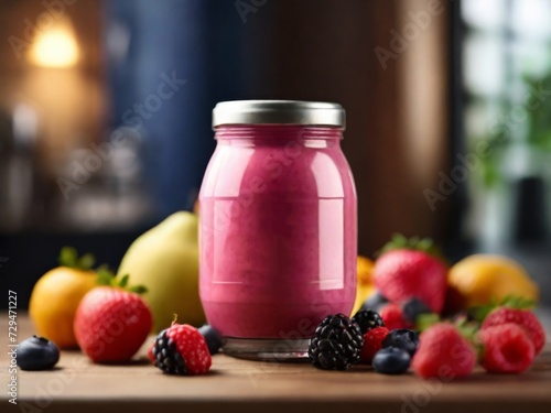 Plastic bottle filled with a vibrant berry fruity smoothie, evoking a sense of freshness and vitality
