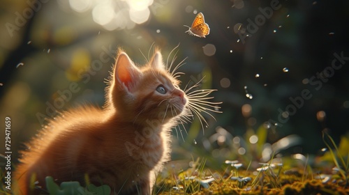 A mischievous ginger kitten batting at a butterfly. © Shamim