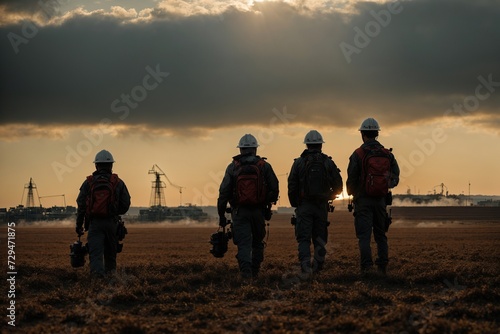 Silhouette of engineers outside in front of oil pump