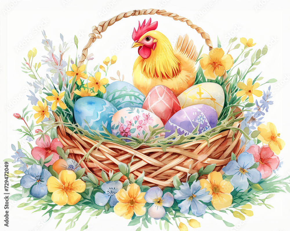 Hen Next to Easter Nest with Colorful Eggs