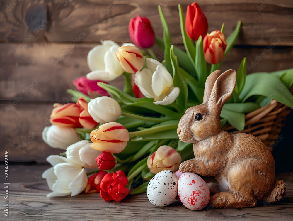 Easter Scene Bunny with Eggs and Tulips