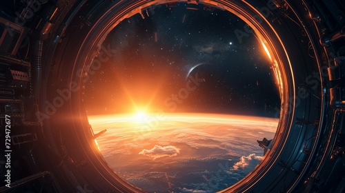 spaceship round window with sunrise over planet view, space station porthole illuminator with planetary sunset view, astronomy background #729472677