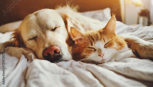 Cute dog and cat sleeping together on bed. Friendship between pet. © hardvicore