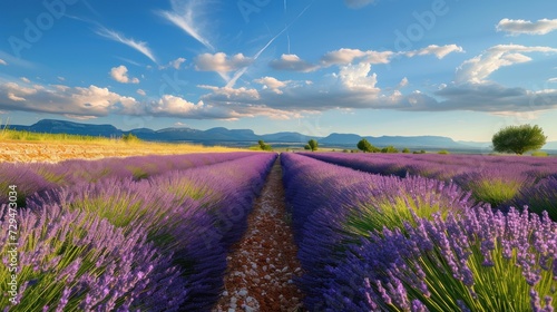 A picturesque view of vibrant lavender fields stretching to the horizon.