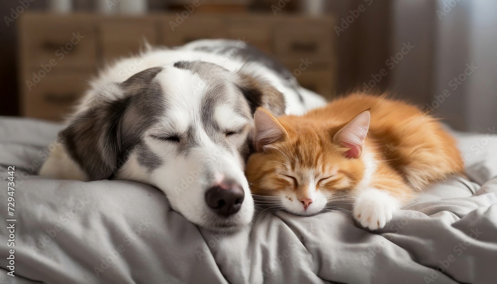 Cute dog and cat sleeping together on bed. Friendship between pet.