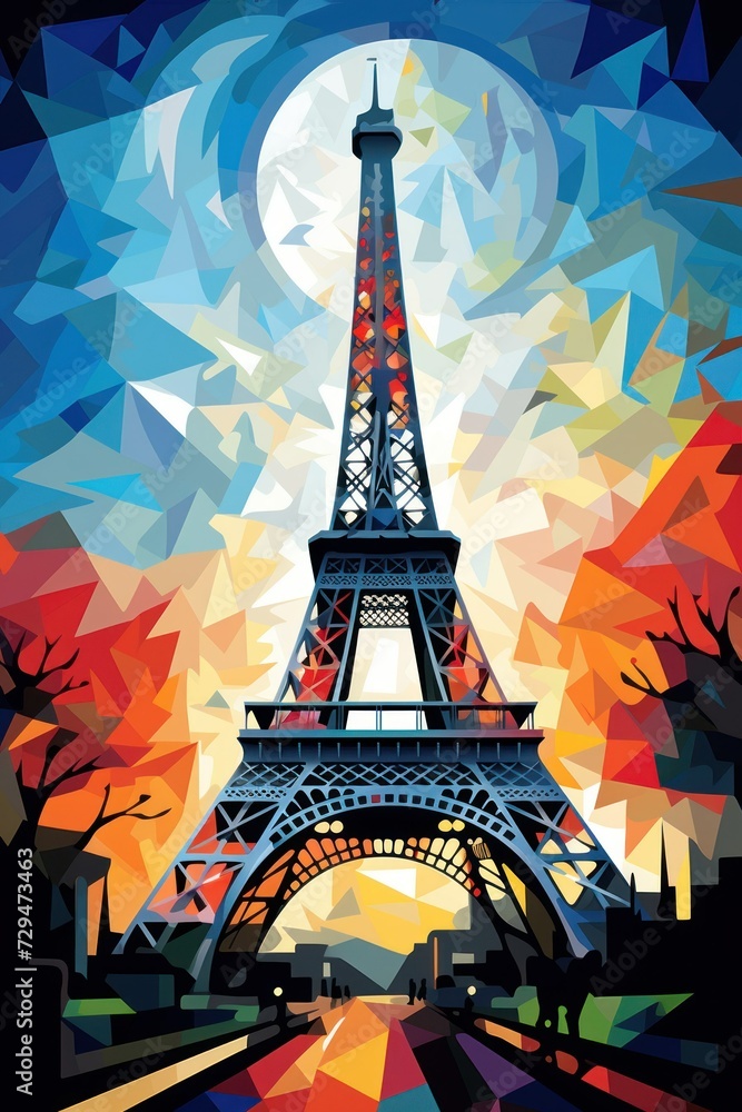 vertical postcard or illustration of the Eiffel Tower with bright colors and splashes in retro style. concept France, tower, postcard, colorful
