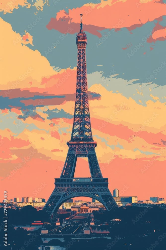 sport vertical illustration of the Eiffel Tower, drawn. France concept, place for text, postcard, sketch,