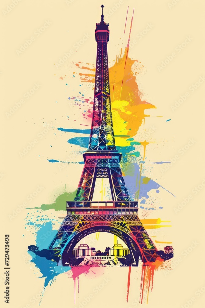 vertical postcard or illustration of the Eiffel Tower with bright colors and splashes in retro style. concept France, tower, postcard, colorful