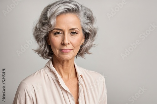 Portrait of beautiful 50s mid aged mature woman isolated on white background, skin care beauty, skincare cosmetics concept 