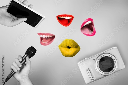 Creative collage of hands with smartphone, microphone, camera and mouth