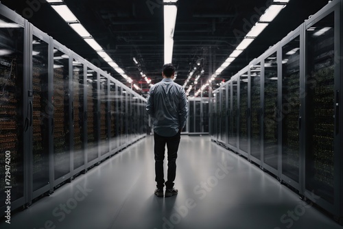  Male IT Specialist Data Technology Center Server Racks Working in Dark Facility. Concept of Internet of Things, Big Data Protection, Cryptocurrency Farm, Cloud Computing.Information Storage Facility