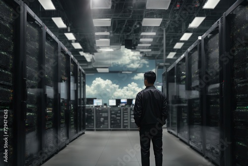 Wallpaper Mural  Male IT Specialist Data Technology Center Server Racks Working in Dark Facility. Concept of Internet of Things, Big Data Protection, Cryptocurrency Farm, Cloud Computing. Information Storage Facility Torontodigital.ca