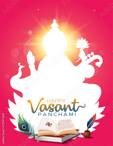Indian goddess Saraswati Puja festival and Vasant Panchami celebration background. Arrival of spring day wishing card poster banner design.