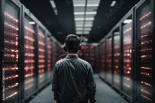 In Dark Data Center: Male IT Specialist Stands Beside the Row of Operational Server Racks, Uses Laptop for Maintenance. Concept for Artificial Intelligence, Supercomputer, Cybersecurity. Neon Lights
