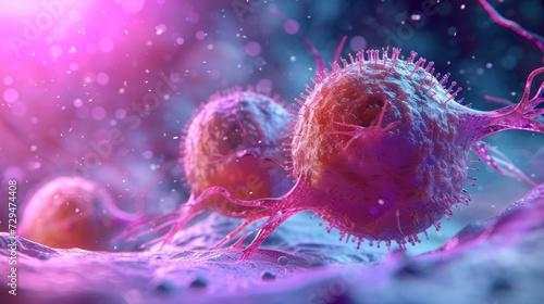 İllustration depicting a cancer cell and T cell engaged in the immune response.