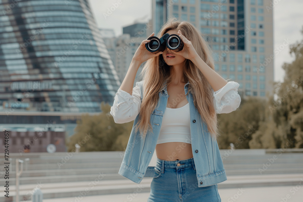Beautiful young woman looking for sales and discounts in the city, using binoculars. 