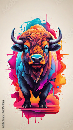 Minimalist Neon Line Bison Logo with Geometric Design, Vibrant Smoke Effects White Background with t-shirt design ai art