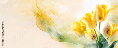 Panel kuchenny z motywem Tapeta w kwiaty, żółte tulipany na jasnym tle, miejsce na tekst