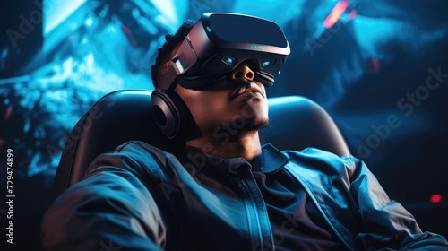 VR glasses. A serene man reclining in a chair with a VR headset and headphones  engrossed in a high-tech virtual reality experience. Generative AI