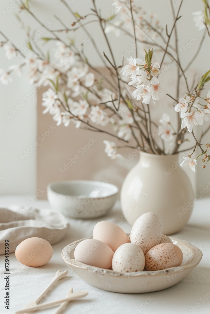 Warm Neutrals Brown Beige Speckled Painted Easter Egg Crafts | Spring Theme Linen Table | Farmhouse Table Meal Lunch Party Display | Branches Leaves Floral Flowers | Rustic Cottagecore