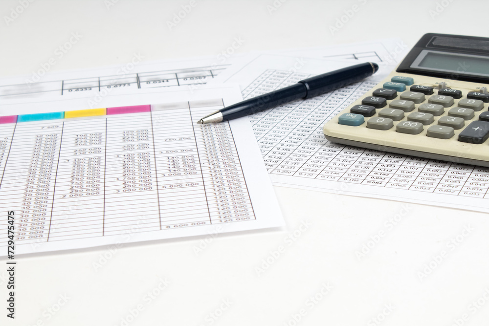 Financial Charts, graphs, coins, calculator on isolated white background. Financial Charts, graphs, coins, calculator on isolated white background.