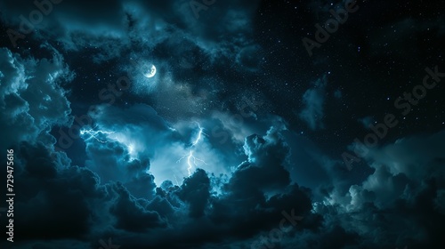 Stormy night sky with lightning  stars  and moon