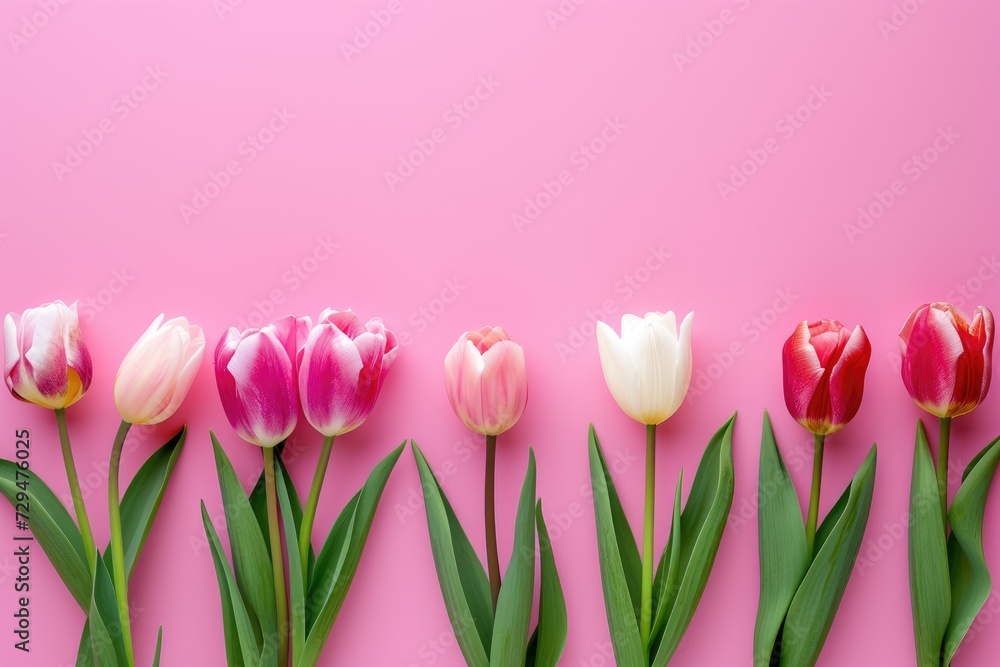 Beautiful Tulips on pink background, top view. wedding background, women day background, mother day background