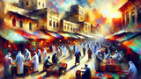 Busy street of souk in an arabic city - acrylic art