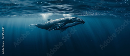 A young Humpback whale swims in the clear blue waters of the Caribbean Sea.