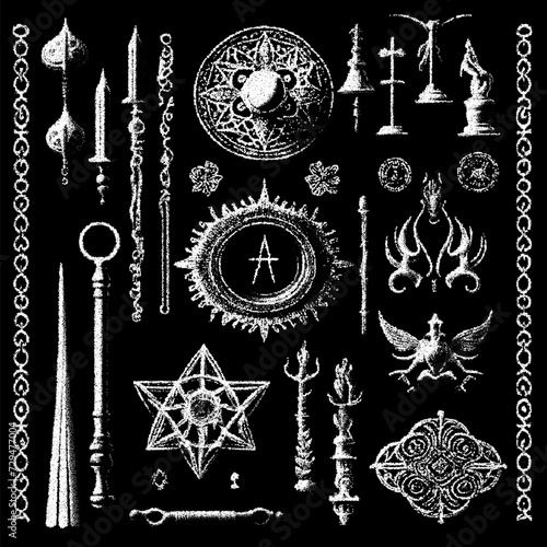 Occult symbols composition in dotwork style. Abstract mystic elements, Sacred seals with chains, in retro flat lay composition
