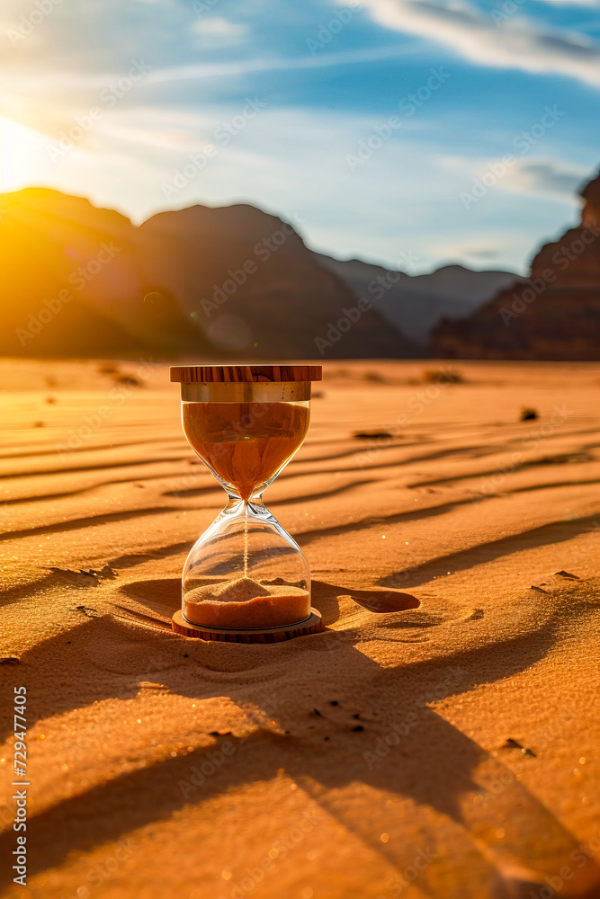Glass of sand with hourglass shape filled with sand and small shadow underneath it.